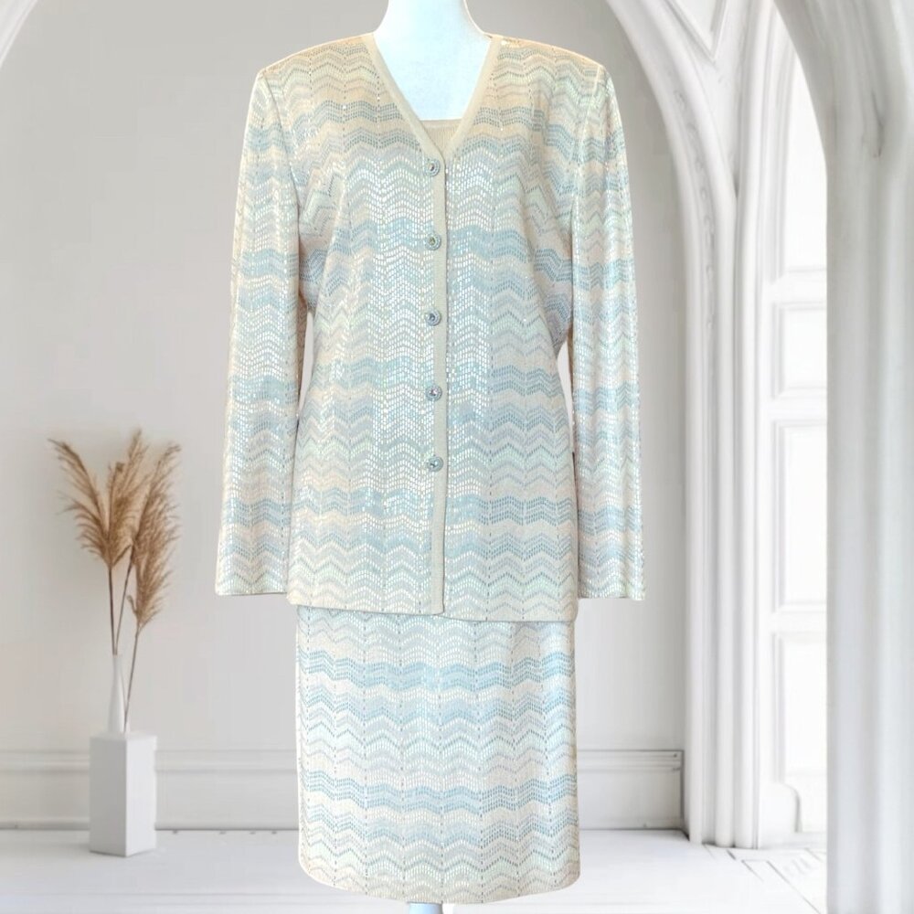 St. John Pastel Chevron Knit Skirt Set in Cream and Light Blue